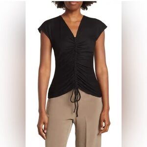 Max Studio Black Gathered V-Neck Blouse
